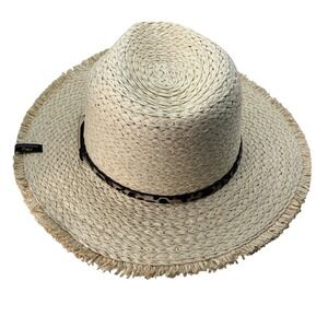 Screamer Straw Fedora‎ Hat Leopard Print Band Frayed Brim Summer Beach